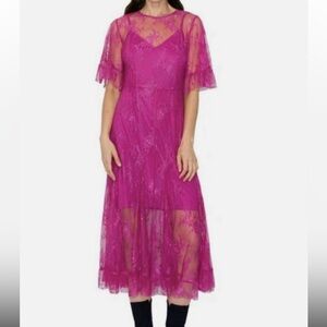 Melloday Fuschia Pink Floral Lace Short Sleeve Cami Slip Sheer Midi Dress